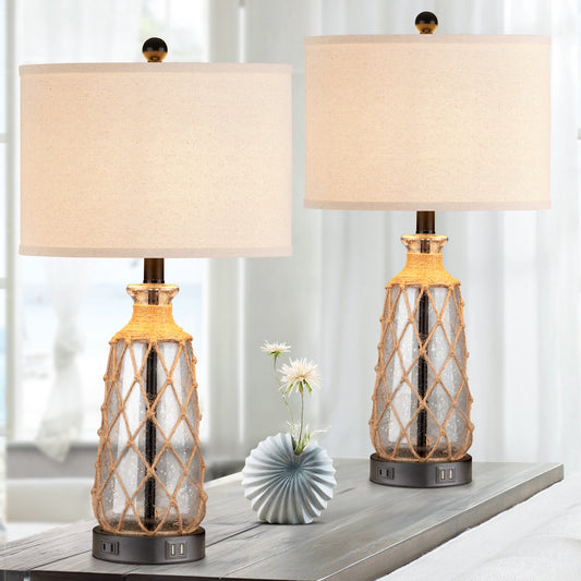Brown glass rattan table lamp with touch dimmer, USB port and AC outlet (Set of 2)