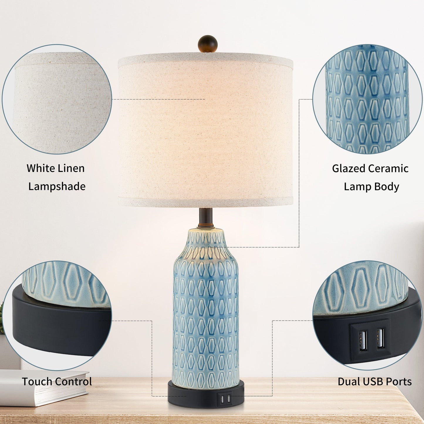 Cinkeda Table Lamp Ceramic Blue 3-Way Dimming USB Ports(Set of 2)