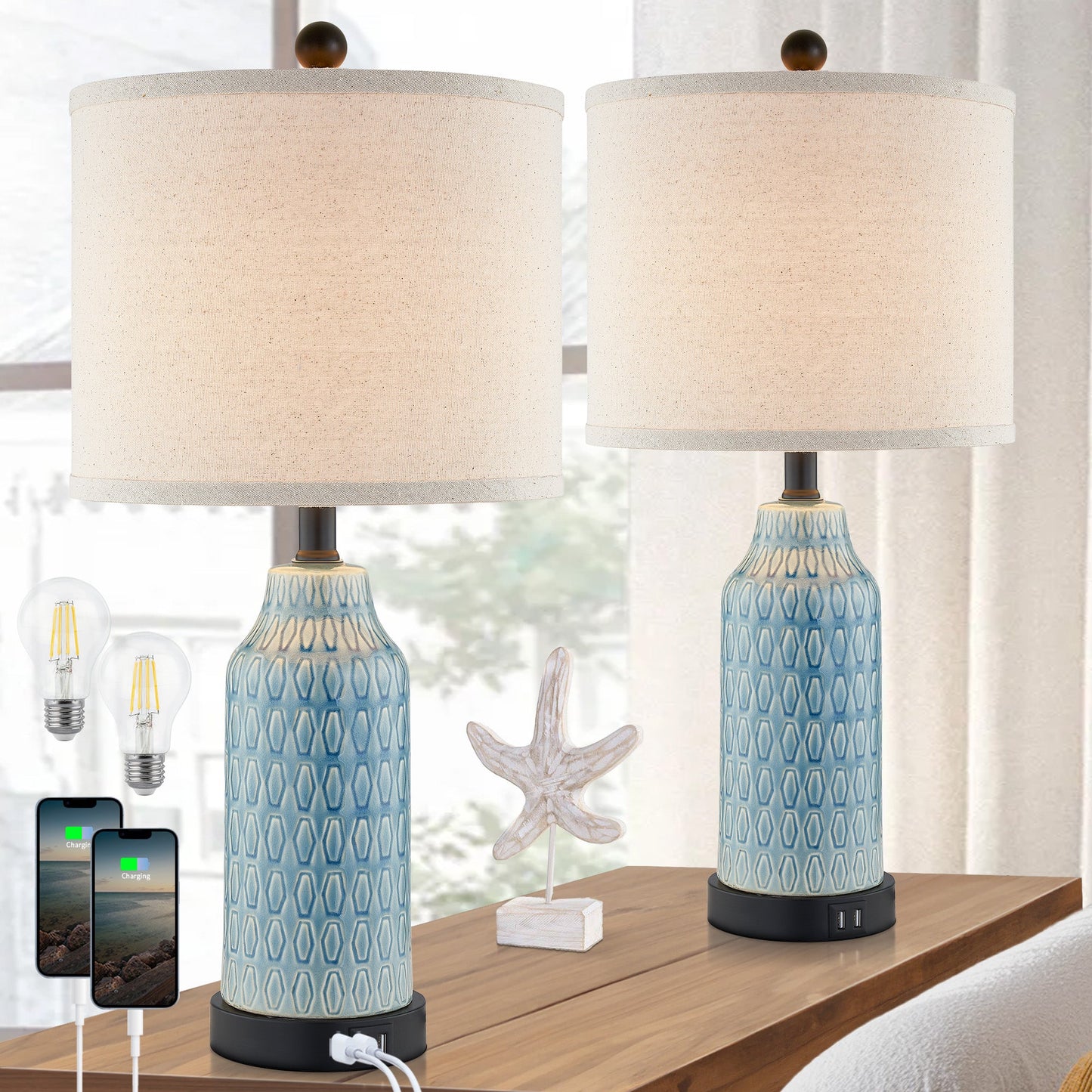 Cinkeda Table Lamp Ceramic Blue 3-Way Dimming USB Ports(Set of 2)