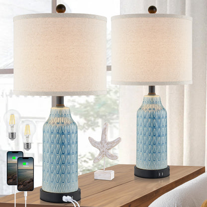 Cinkeda Table Lamp Ceramic Blue 3-Way Dimming USB Ports(Set of 2)