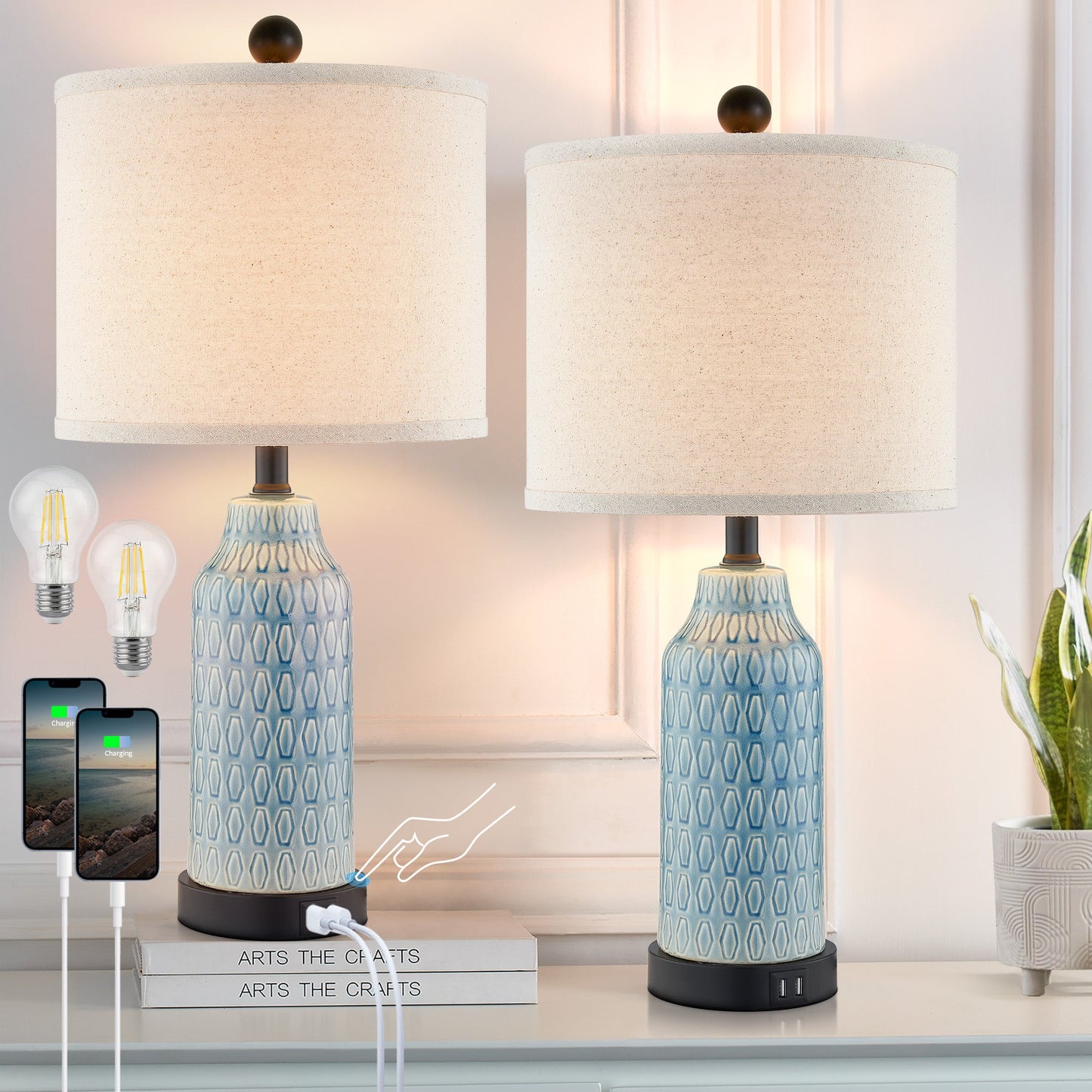 Cinkeda Table Lamp Ceramic Blue 3-Way Dimming USB Ports(Set of 2)
