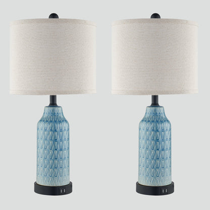 Cinkeda Table Lamp Ceramic Blue 3-Way Dimming USB Ports(Set of 2)