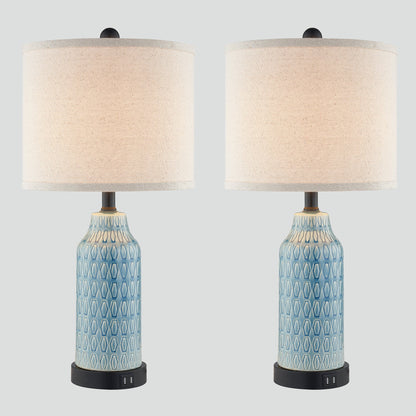 Cinkeda Table Lamp Ceramic Blue 3-Way Dimming USB Ports(Set of 2)
