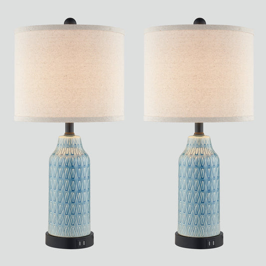 Cinkeda Table Lamp Ceramic Blue 3-Way Dimming USB Ports(Set of 2)