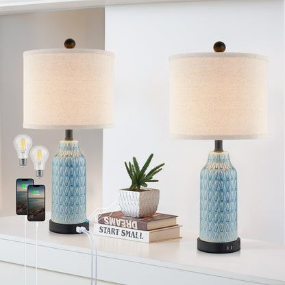 Cinkeda Table Lamp Ceramic Blue 3-Way Dimming USB Ports(Set of 2)