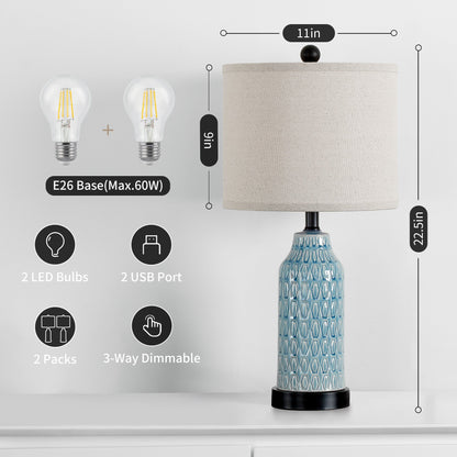 Cinkeda Table Lamp Ceramic Blue 3-Way Dimming USB Ports(Set of 2)