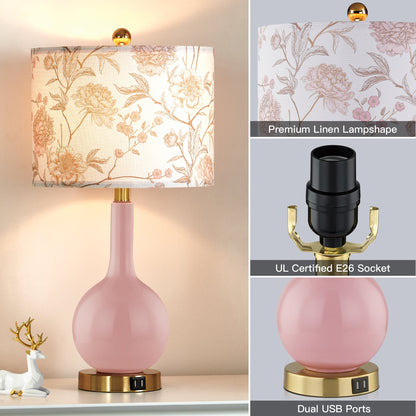 Pink Ceramic Table Lamps with USB Charging & 3-level Dimming & Touch-sensitive Switch