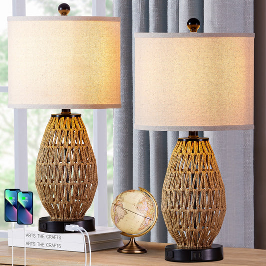 Cinkeda Table Lamp Brown Rattan USB Port Touch Dimmer(Set of 2)