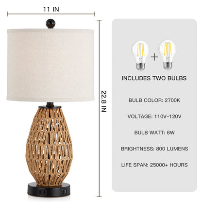 Cinkeda Table Lamp Brown Rattan USB Port Touch Dimmer(Set of 2)