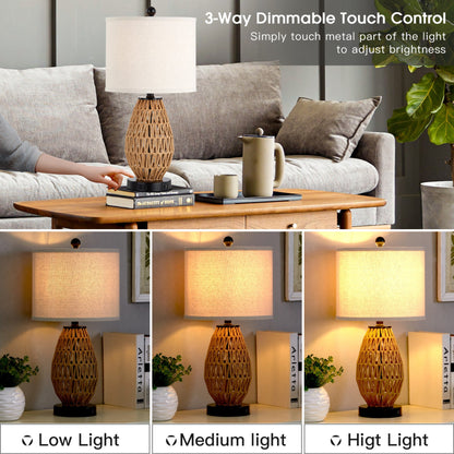 Cinkeda Table Lamp Brown Rattan USB Port Touch Dimmer(Set of 2)