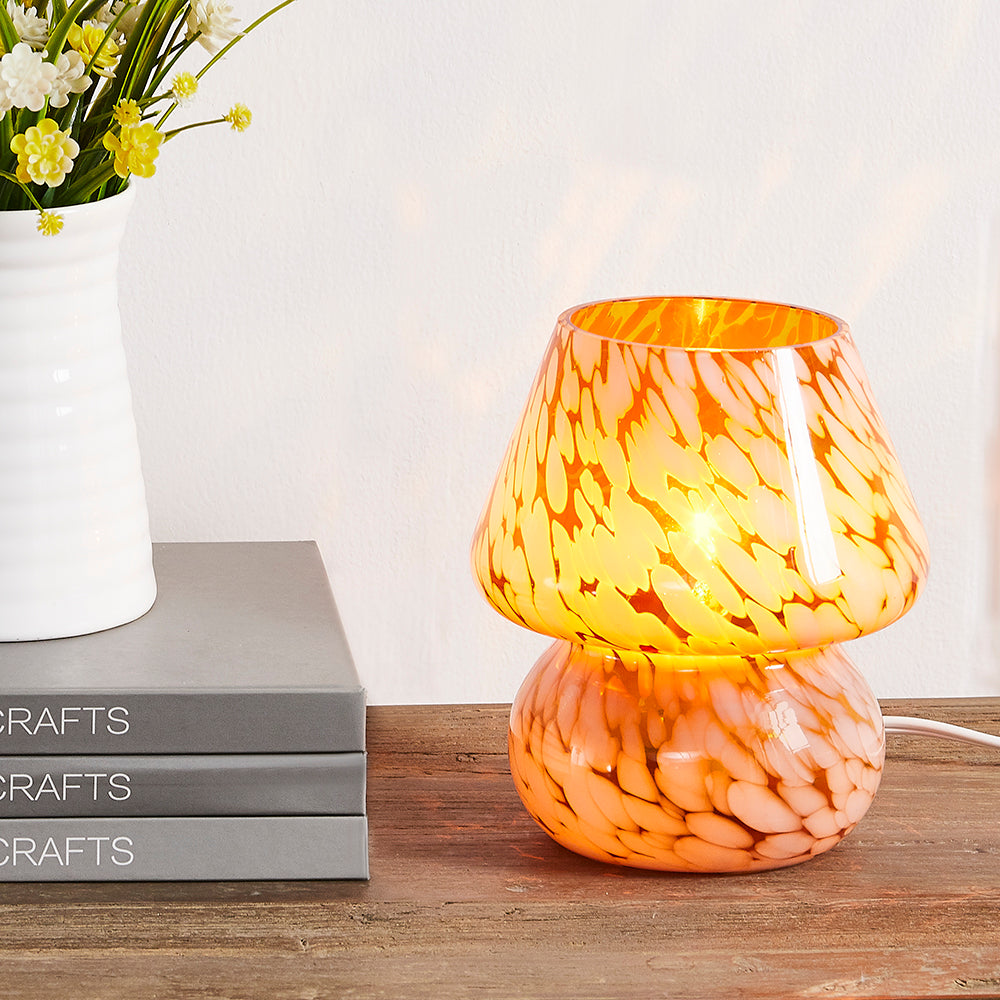 Versatile Amber Glass Mushroom Table Lamp with Effortless Dimming Control