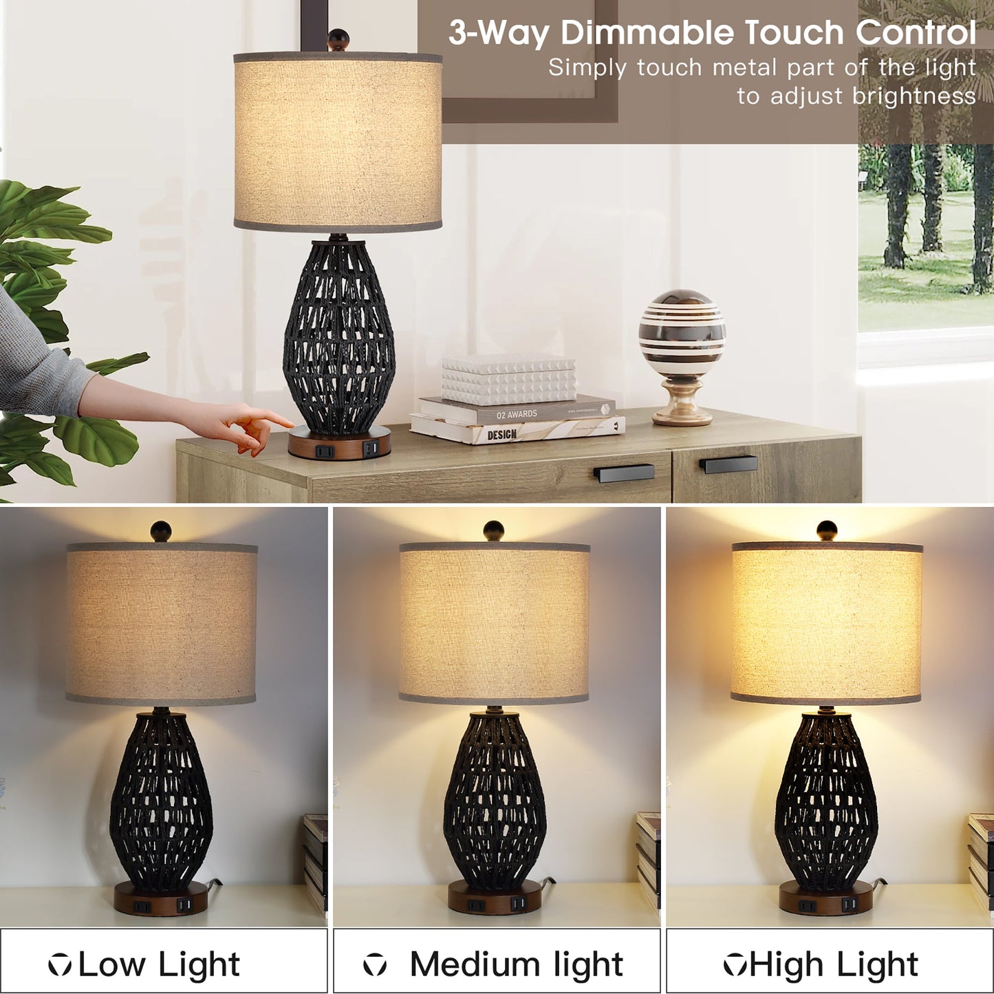 Cinkeda Table Lamp Black Rattan 3-Way Touch Dimmer USB Port(Set of 2)