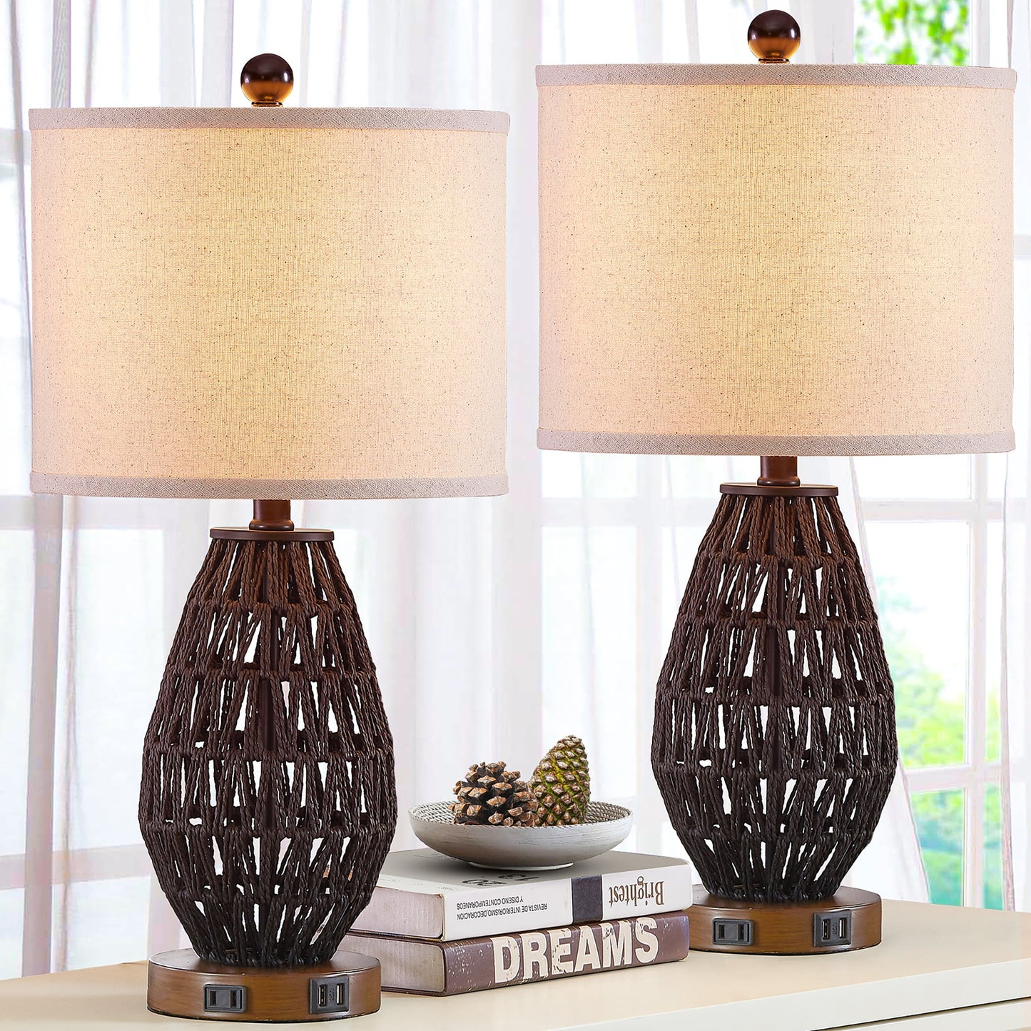 Cinkeda Table Lamp Black Rattan 3-Way Touch Dimmer USB Port(Set of 2)