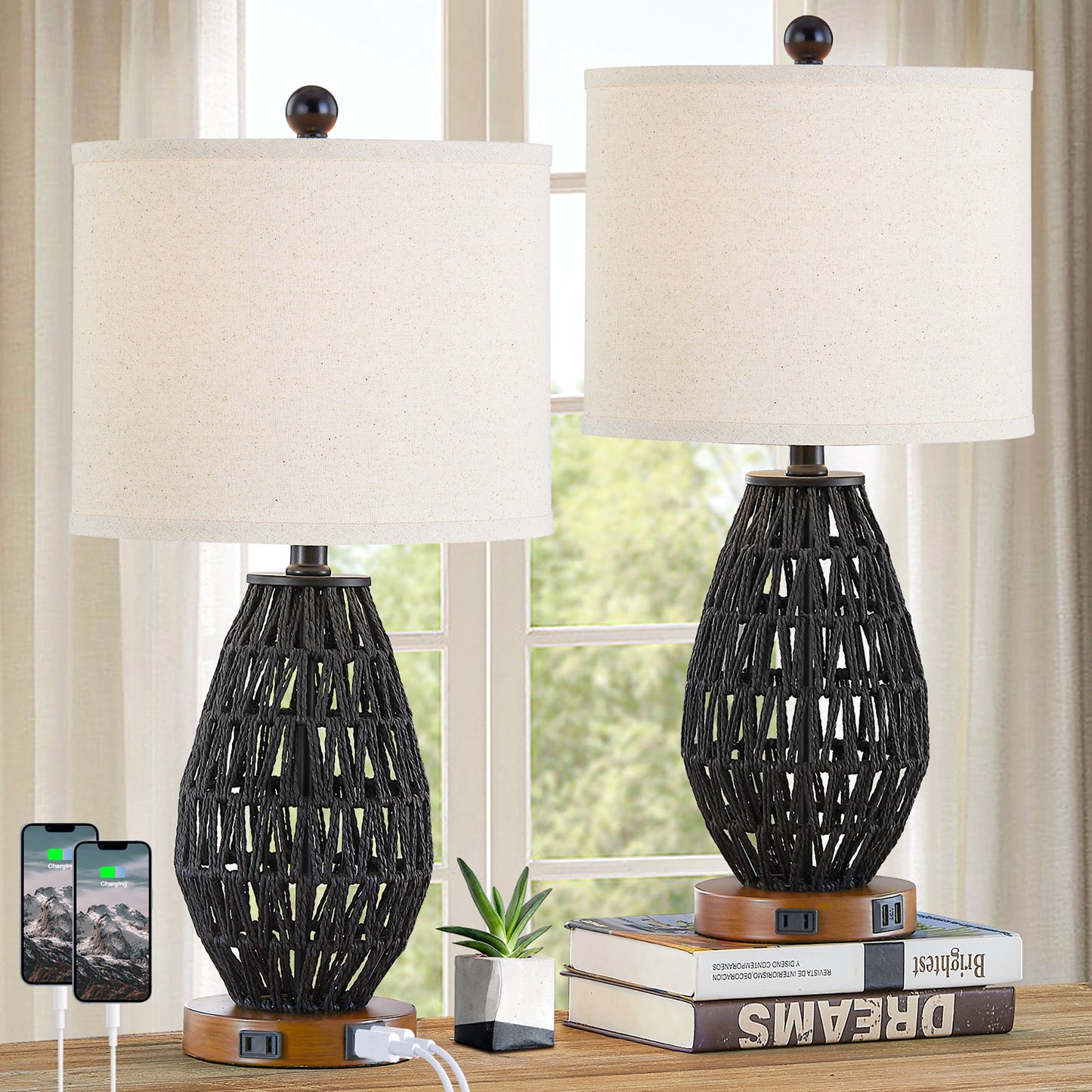 Cinkeda Table Lamp Black Rattan 3-Way Touch Dimmer USB Port(Set of 2)