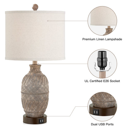 Cinkeda Table Lamp Grey Resin 3-Way Touch Dimming USB Ports