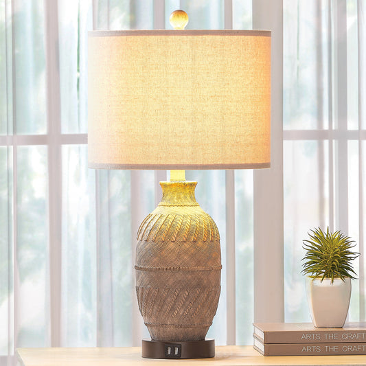 Cinkeda Table Lamp Grey Resin 3-Way Touch Dimming USB Ports