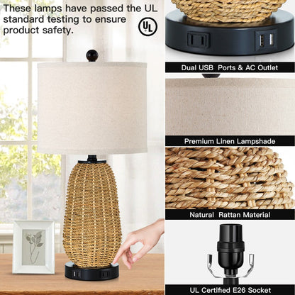 Cinkeda Table Lamp Brown Natural Straw Touch 3-Way Dimming(Set of 2)