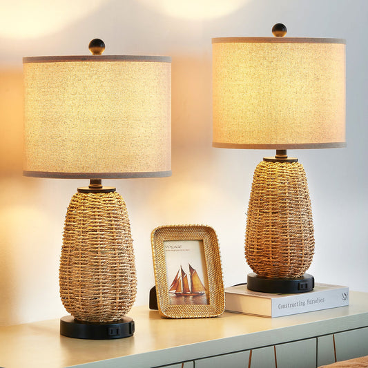 Cinkeda Table Lamp Brown Natural Straw Touch 3-Way Dimming(Set of 2)