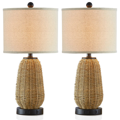 Cinkeda Table Lamp Brown Natural Straw Touch 3-Way Dimming(Set of 2)