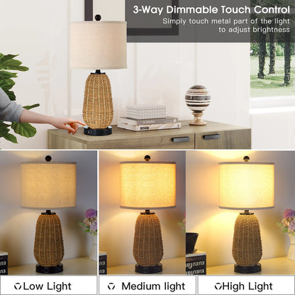 Cinkeda Table Lamp Brown Natural Straw Touch 3-Way Dimming(Set of 2)