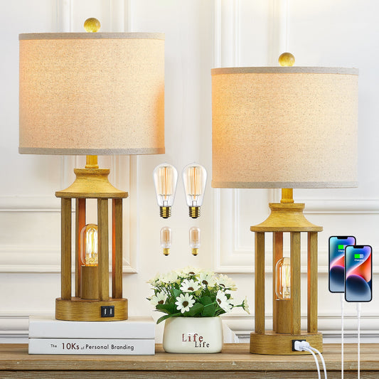 2 in 1 Table Lamp and Nightlight, Brown Metal with Wood Grain, Equipped with USB Port (Set of 2)