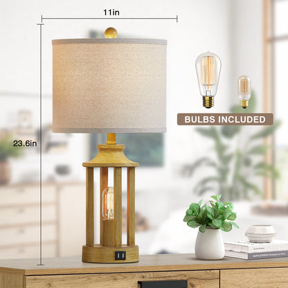 2 in 1 Table Lamp and Nightlight, Brown Metal with Wood Grain, Equipped with USB Port (Set of 2)
