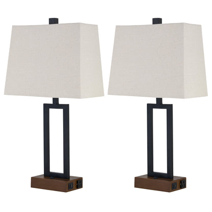 Table Lamp Black Metal Rocker Switch USB Port AC Outlet (Set of 2)