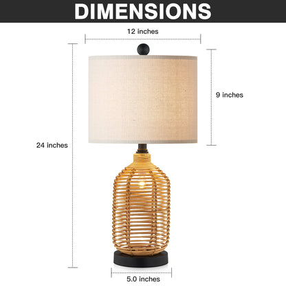 Cinkeda Table Lamp Nightlight 2in1 Brown Rattan 4-Way Switch(Set of 2)