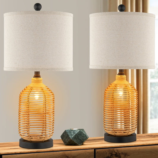 Cinkeda Table Lamp Nightlight 2in1 Brown Rattan 4-Way Switch(Set of 2)