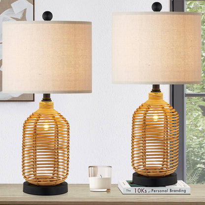 Cinkeda Table Lamp Nightlight 2in1 Brown Rattan 4-Way Switch(Set of 2)
