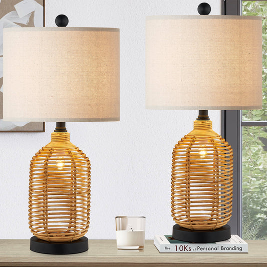 Cinkeda Table Lamp Nightlight 2in1 Brown Rattan 4-Way Switch(Set of 2)