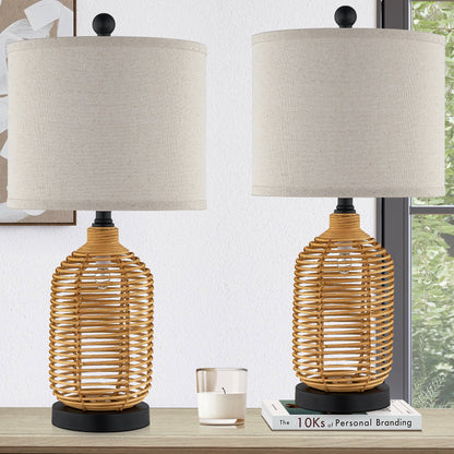 Cinkeda Table Lamp Nightlight 2in1 Brown Rattan 4-Way Switch(Set of 2)