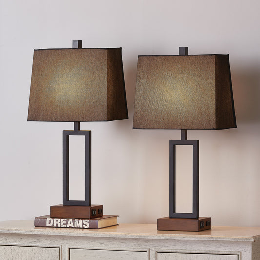 Cinkeda Table Lamp Metal Black AC Outlet USB Ports (Set of 2)