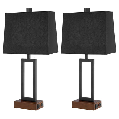 Cinkeda Table Lamp Metal Black AC Outlet USB Ports (Set of 2)