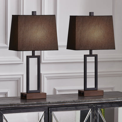 Cinkeda Table Lamp Metal Black AC Outlet USB Ports (Set of 2)