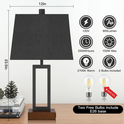 Cinkeda Table Lamp Metal Black AC Outlet USB Ports (Set of 2)