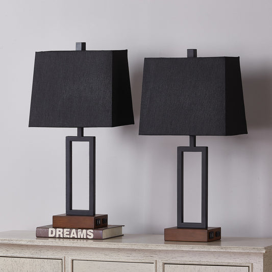 Cinkeda Table Lamp Metal Black AC Outlet USB Ports (Set of 2)