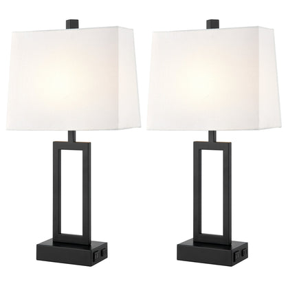 Cinkeda Table Lamp Black Metal Frame White Shade USB Port(Set of 2)