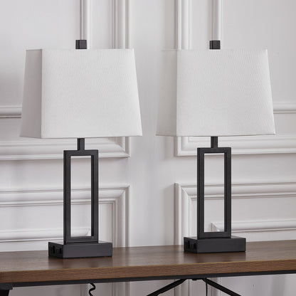 Cinkeda Table Lamp Black Metal Frame White Shade USB Port(Set of 2)