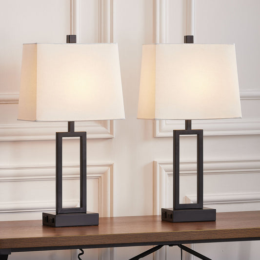 Cinkeda Table Lamp Black Metal Frame White Shade USB Port(Set of 2)