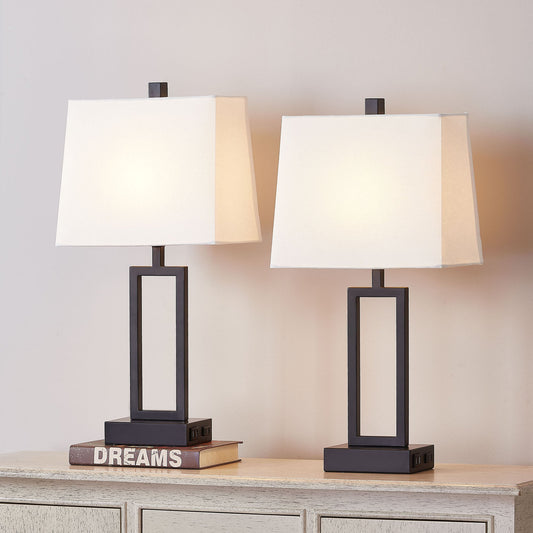 Cinkeda Table Lamp Black Metal Frame White Shade USB Port(Set of 2)