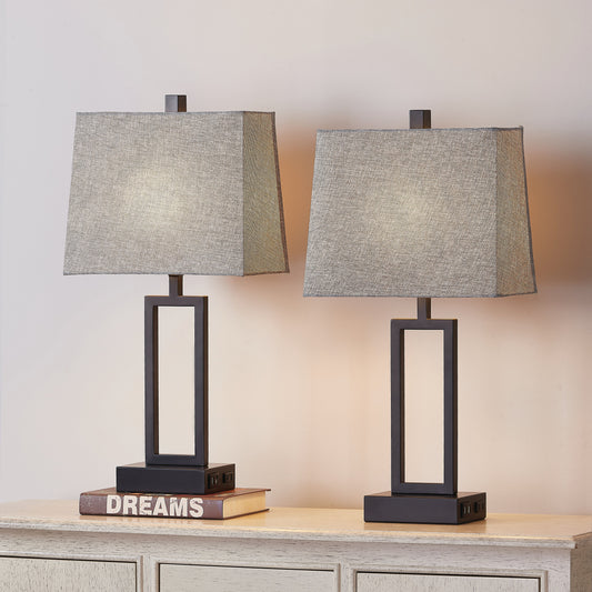Cinkeda Table Lamp Metal Grey USB Ports Touch Dimming (Set of 2)