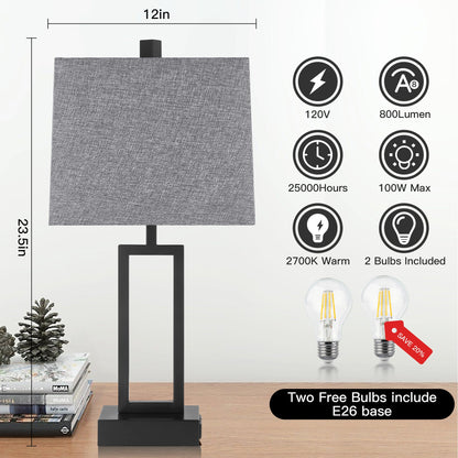 Cinkeda Table Lamp Metal Grey USB Ports Touch Dimming (Set of 2)