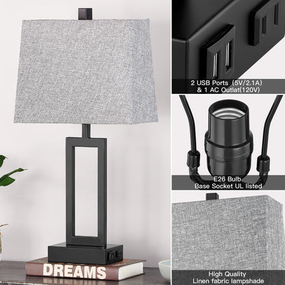 Cinkeda Table Lamp Metal Grey USB Ports Touch Dimming (Set of 2)