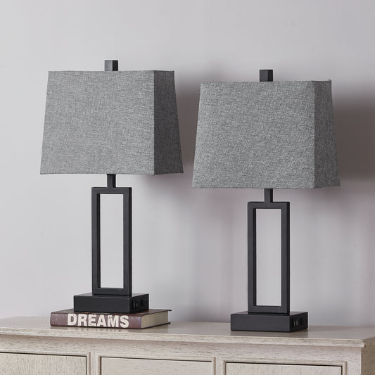 Cinkeda Table Lamp Metal Grey USB Ports Touch Dimming (Set of 2)