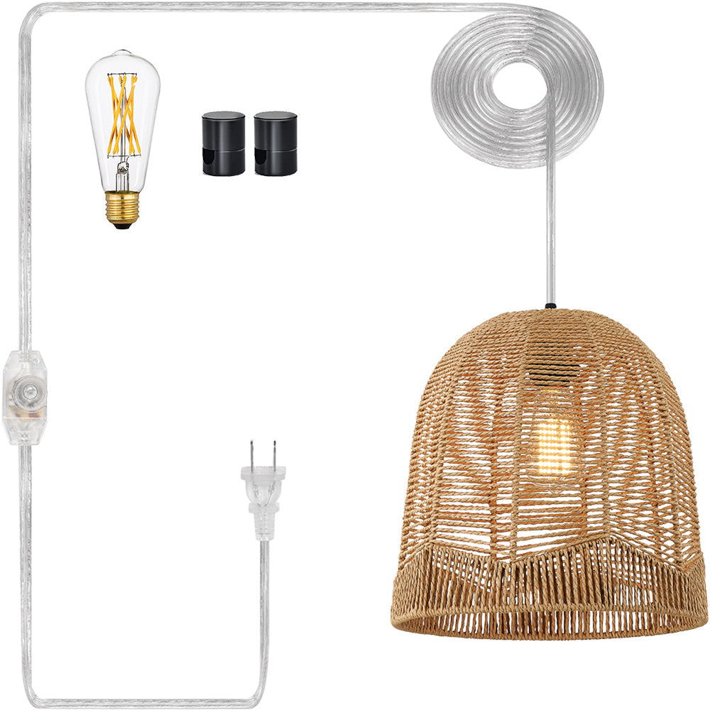 Cinkeda Pendant Light Brown Rattan with Dimming Switch