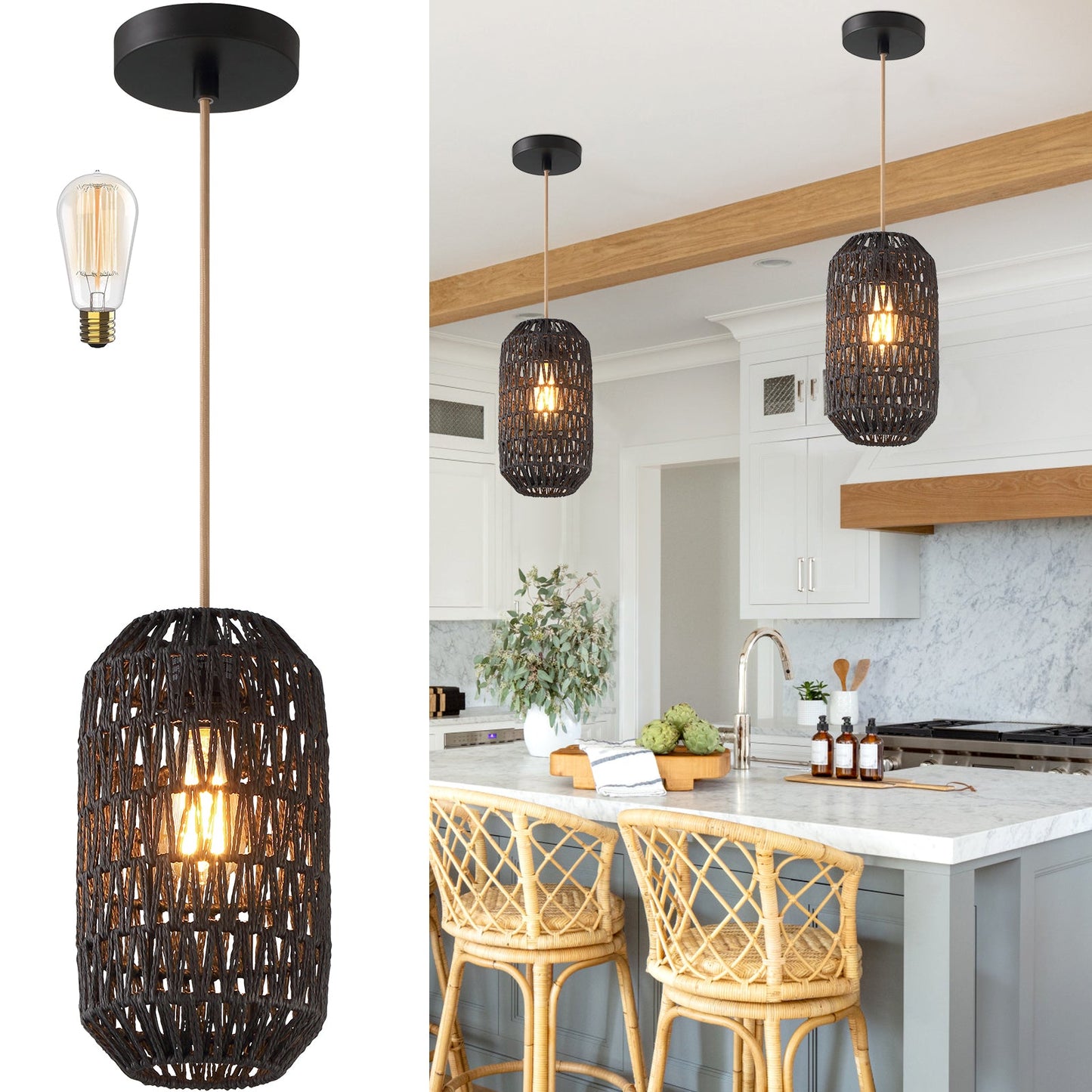 Cinkeda Pendant Light Black Rattan Adjustable Power Cord