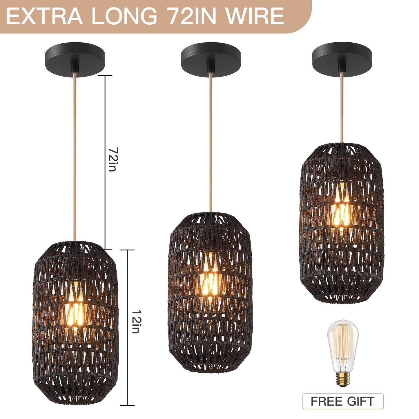 Cinkeda Pendant Light Black Rattan Adjustable Power Cord