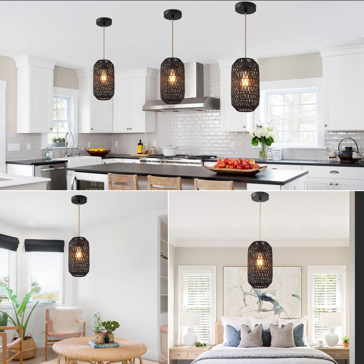 Cinkeda Pendant Light Black Rattan Adjustable Power Cord