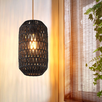 Cinkeda Pendant Light Black Rattan Adjustable Power Cord